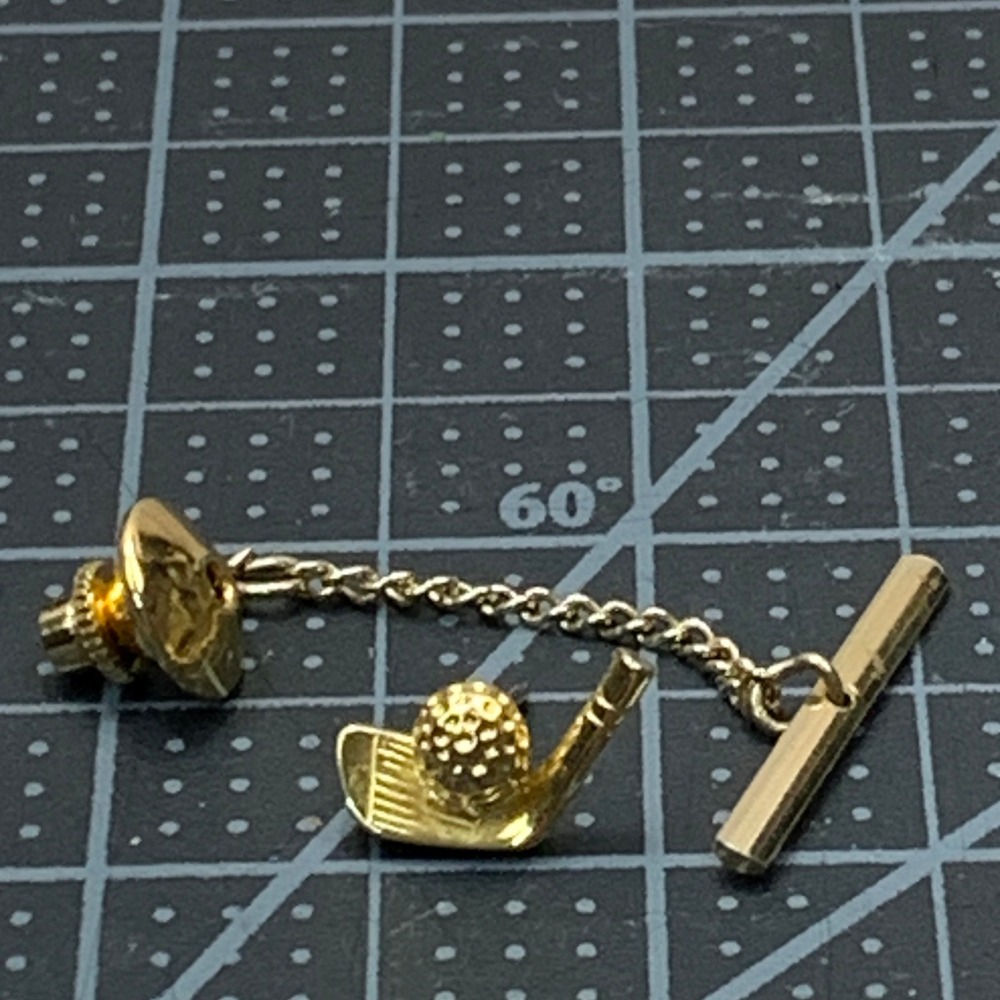 Gold Tone Golf Club and Ball Tie Tack Lapel Pin Vintage Accessory